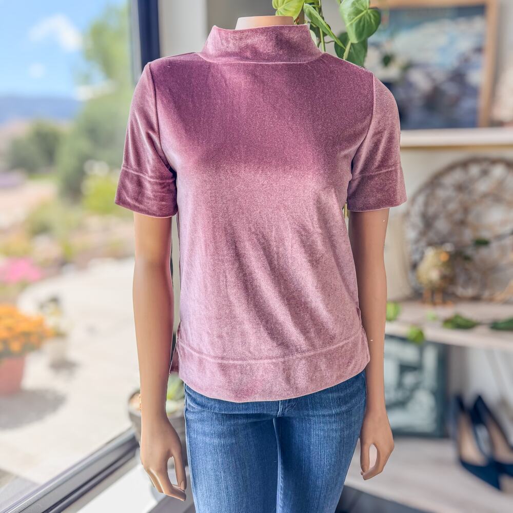 Anthropologie Dusty Rose Blush Krisha Velvet Mock Neck Short Sleeve Top, X-Small